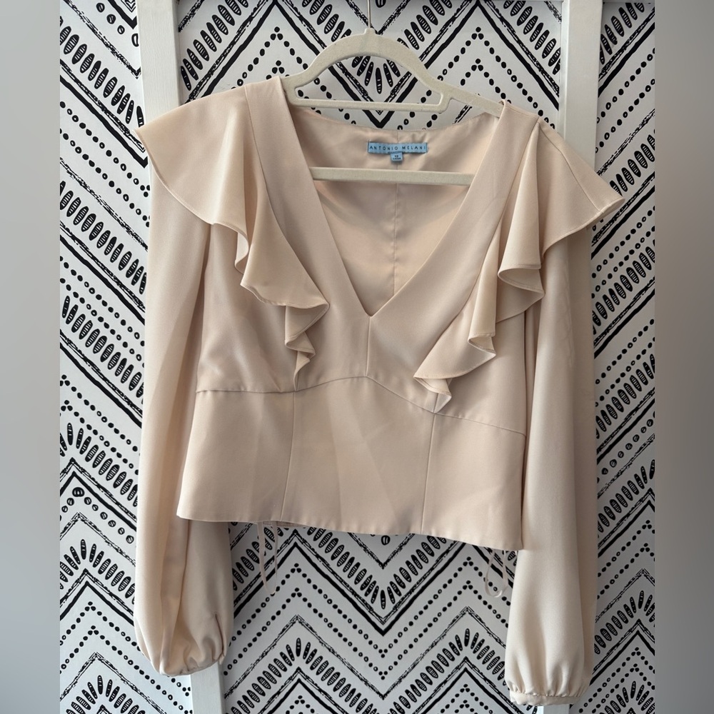 Antonio Melani Cream Ruffle V-Neck Blouse